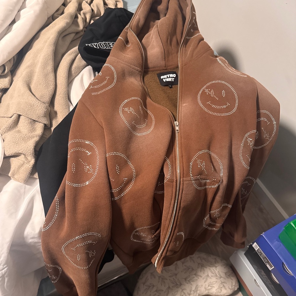 Men's Brown Smiley Zip Hoodie